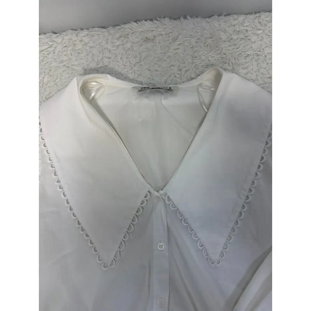 Zara Peter Pan Collared Puff Sleeve Cropped Poplin Blouse Size Small